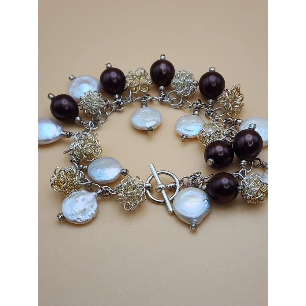 Vtg GENUINE Coin Pearl & Brown Glass Bead Bracelet Silver Wire Balls FREE $HIP!!